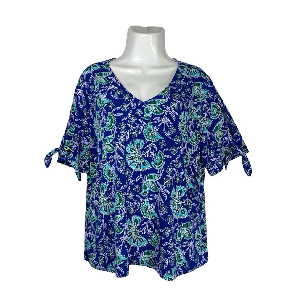 Liz Claiborne Women Floral Top Petite XL Blue Short Sleeve V Neck Work Blouse
